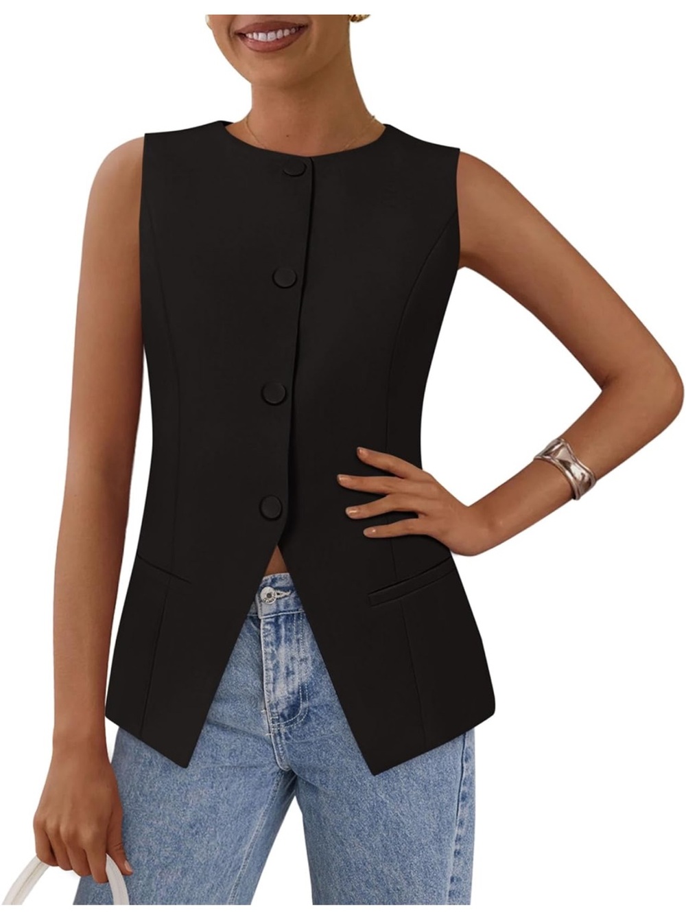 Sleeveless Black Button-Front Women's Vest Jacket